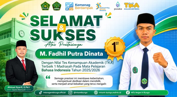 Mengukir Prestasi, Menebar Inspirasi: M. Fadhil Putra Dinata Raih Nilai TKA Bahasa Indonesia Terbaik di MTsN 4 Bungo
