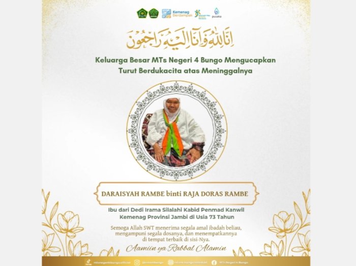 Keluarga Besar MTsN 4 Bungo Sampaikan Duka Cita atas Wafatnya Ibu Daraisyah Rambe Keluarga Besar MTsN 4 Bungo Sampaikan Duka Cita atas Wafatnya Ibu Daraisyah Rambe