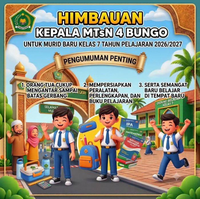 Sambut Tahun Pelajaran 2026/2027, Kepala MTsN 4 Bungo Imbau Murid Baru Kelas VII Bersiap Sejak Hari Pertama