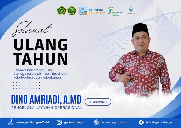 Wujud Syukur dan Ukhuwah, Keluarga Besar MTsN 4 Bungo Haturkan Doa Terbaik di Hari Kelahiran Bapak Dino Amriadi, A.Md