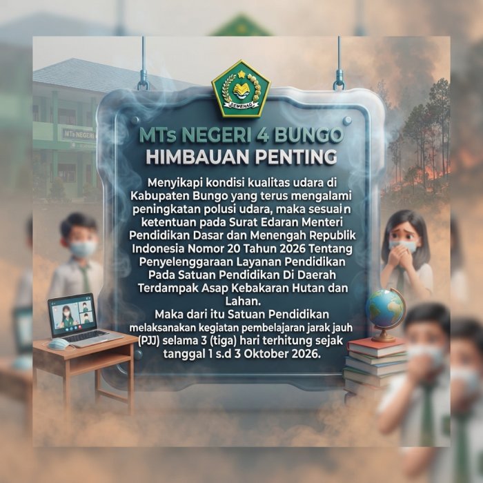 Jaga Kesehatan dari Kabut Asap, Kepala MTsN 4 Bungo Ajak Siswa Belajar Maksimal dari Rumah Jaga Kesehatan dari Kabut Asap, Kepala MTsN 4 Bungo Ajak Siswa Belajar Maksimal dari Rumah