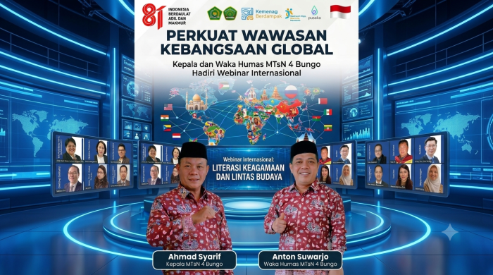 Perkuat Wawasan Global, Kepala dan Waka Humas MTsN 4 Bungo Ikuti Webinar Internasional Literasi Keagamaan Lintas Budaya